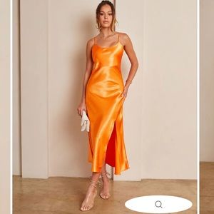 Vici Double Zero Claire Tangerine Orange Satin Side Slit Midi Dress New